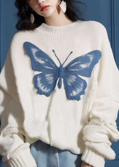 Nouveau pull en tricot blanc à col rond et motif papillon pour l'automne QS025