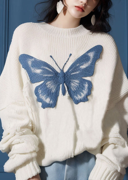 Nouveau pull en tricot blanc à col rond et motif papillon pour l'automne QS025