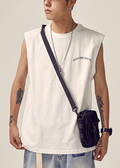 White Cotton Men Tank Neck O Print New Sleeveless