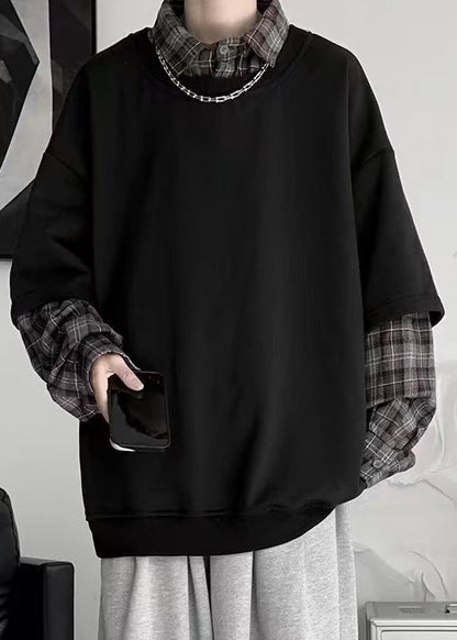 Plaid New Cotton False White Two Patchwork Mens Pieces