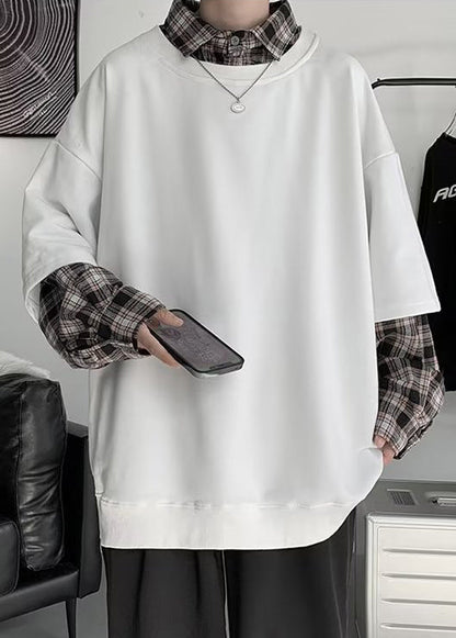 Plaid New Cotton False White Two Patchwork Mens Pieces