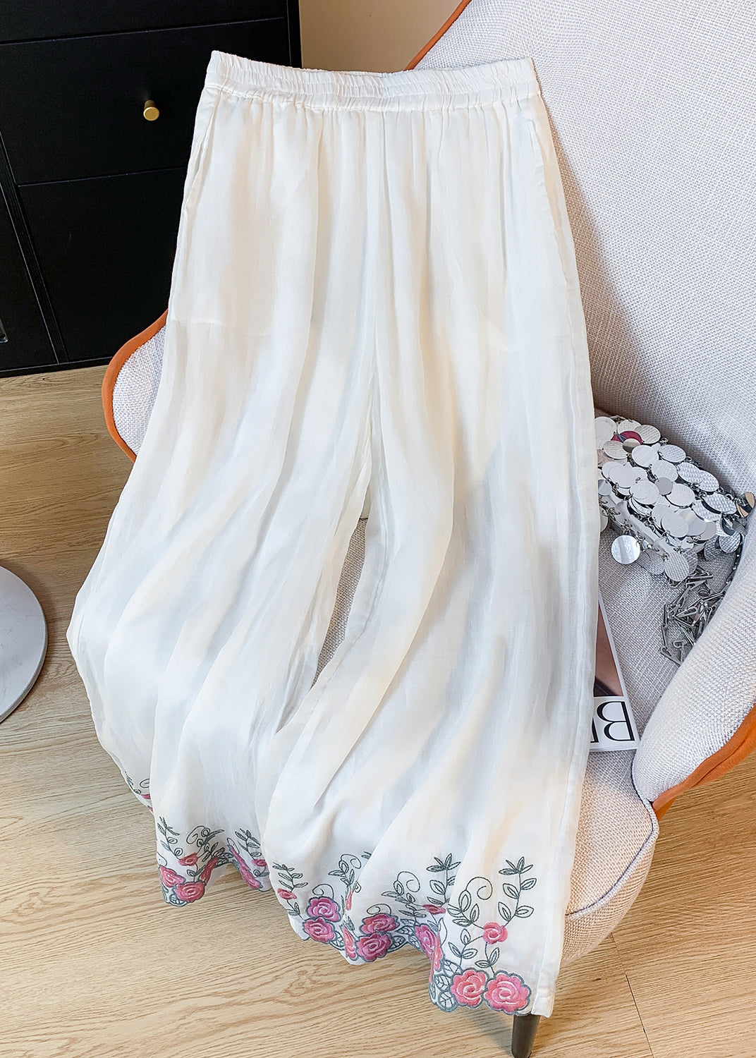 White Pants Crop New Linen Pockets Waist Elastic