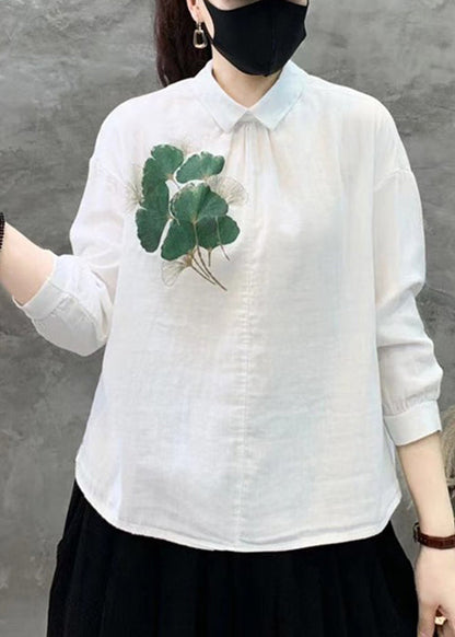 New White Print Button Linen Shirt Long Sleeve RE019