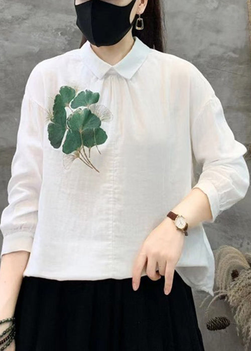 New White Print Button Linen Shirt Long Sleeve RE019