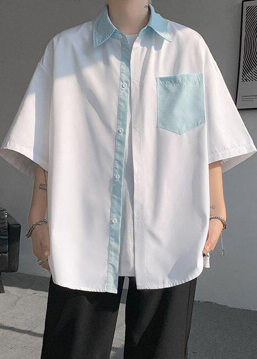 Patchwork New Button Shirts White Striped Pockets Men Cotton