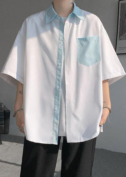 Patchwork New Button Shirts White Striped Pockets Men Cotton