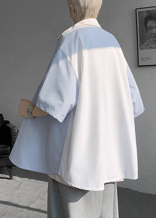 Patchwork New Button Shirts White Striped Pockets Men Cotton