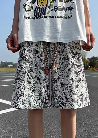 New Dye Men White Shorts Cotton Summer Elastic Waist Tie
