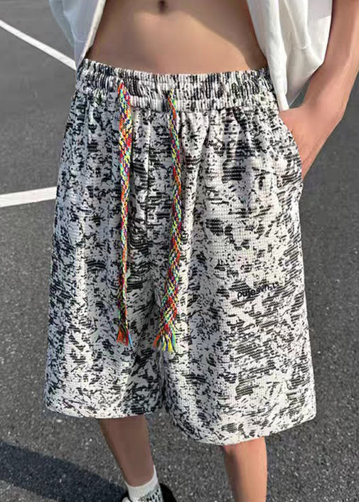 New Dye Men White Shorts Cotton Summer Elastic Waist Tie