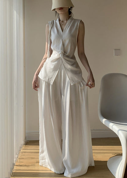 Front Open White Wide Tops Pants And Leg V Cotton New Two Neck