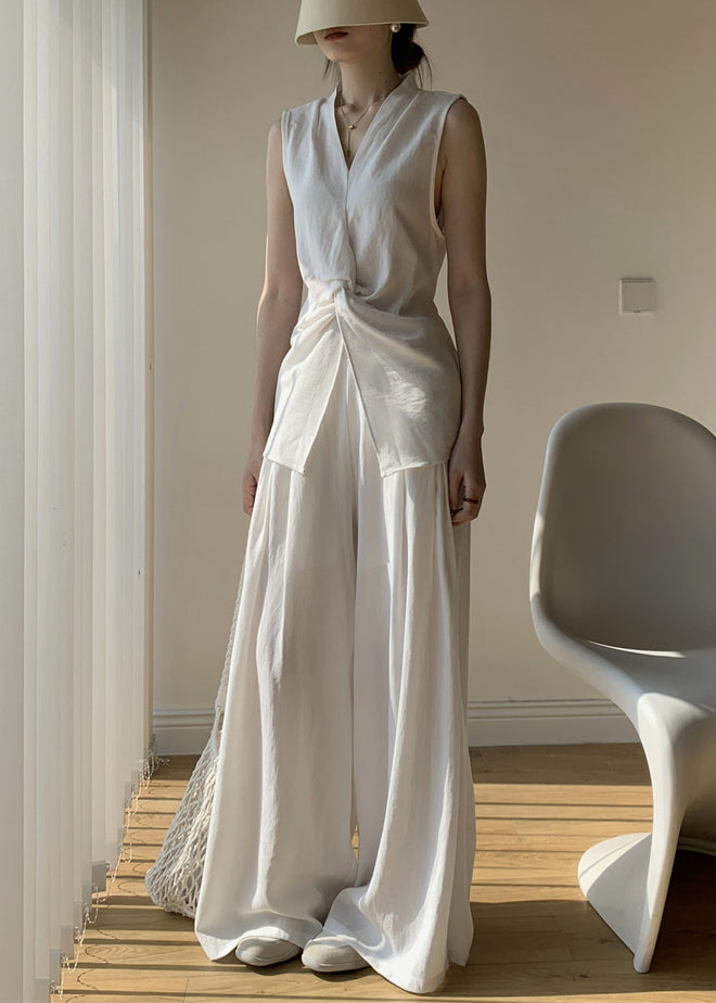 Front Open White Wide Tops Pants And Leg V Cotton New Two Neck