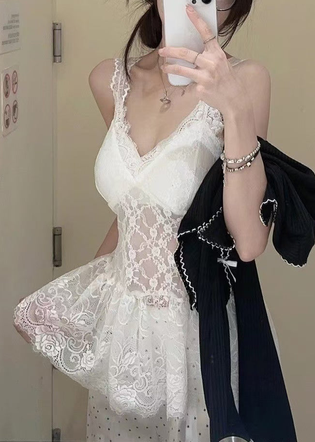 And Tank V Two Knit Pieces Set Neck Cardigans Lace White New