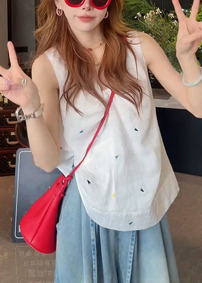 Print White V Sleeveless Tank New Neck Cotton