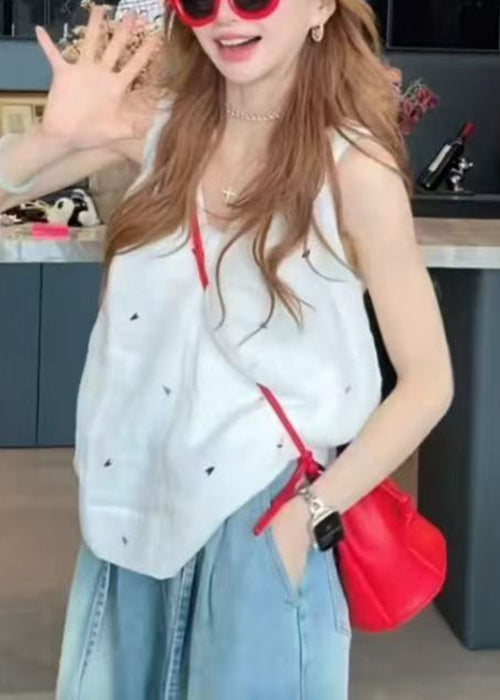 Print White V Sleeveless Tank New Neck Cotton