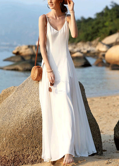 Dress Spaghetti White Chiffon Sleeveless New V Strap Solid Neck
