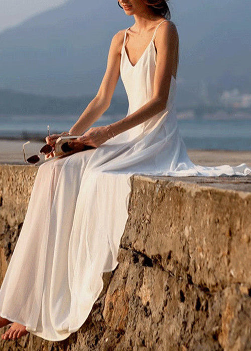 Dress Spaghetti White Chiffon Sleeveless New V Strap Solid Neck