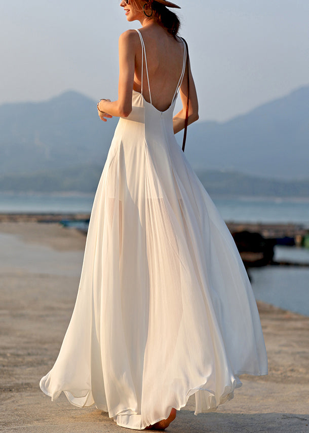 Dress Spaghetti White Chiffon Sleeveless New V Strap Solid Neck