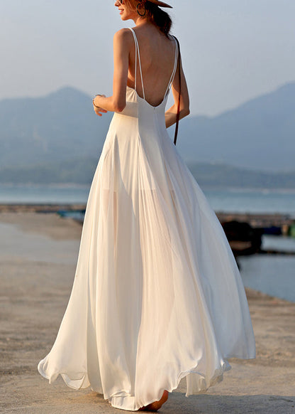 Dress Spaghetti White Chiffon Sleeveless New V Strap Solid Neck