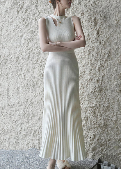 New White Wrinkled Hollow Out Knit Long Dress Sleeveless XX091