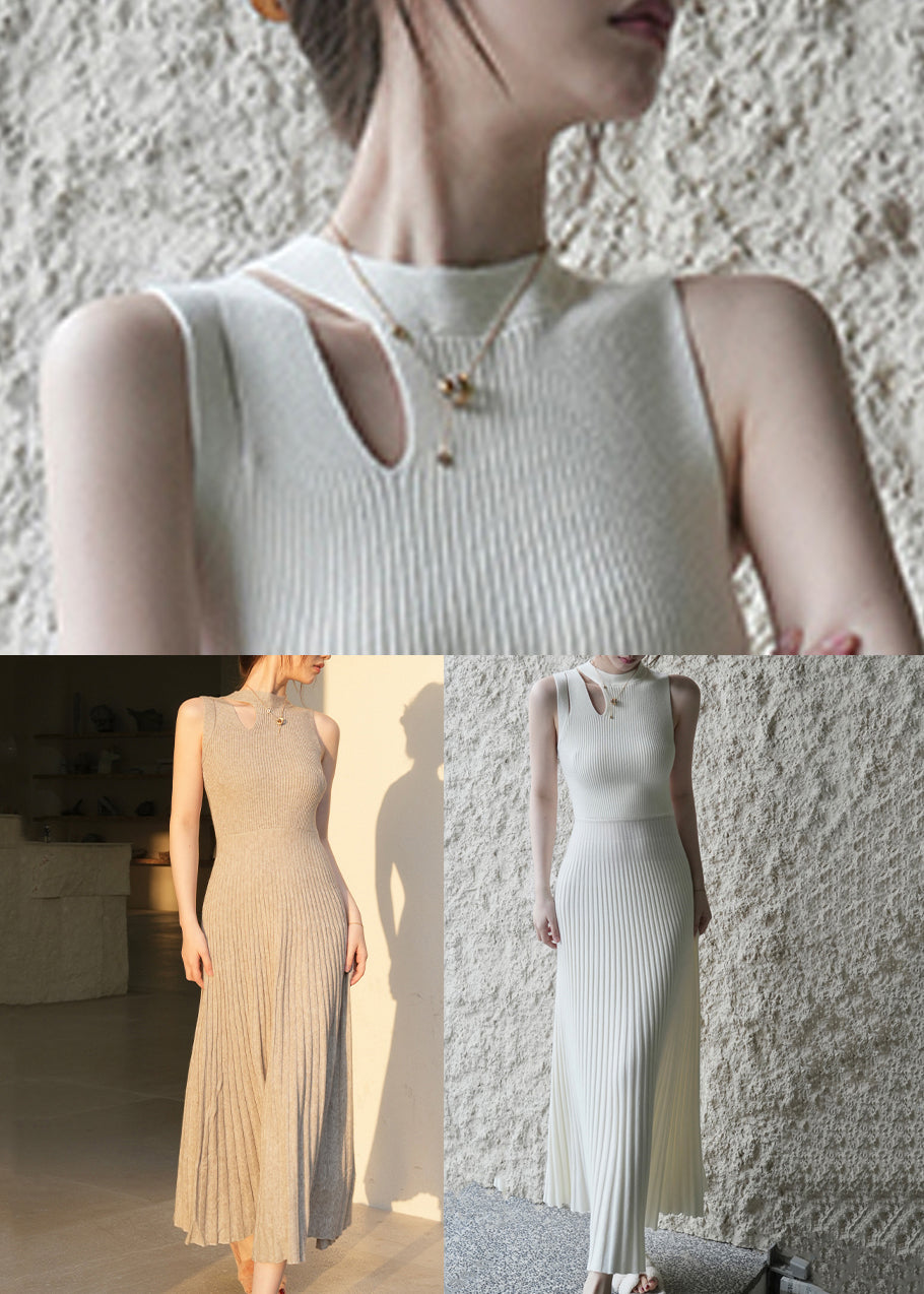 New White Wrinkled Hollow Out Knit Long Dress Sleeveless XX091