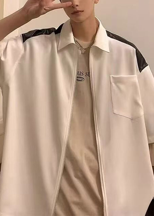 Cotton White New Mens Half Pockets Patchwork Zippered Shirts
