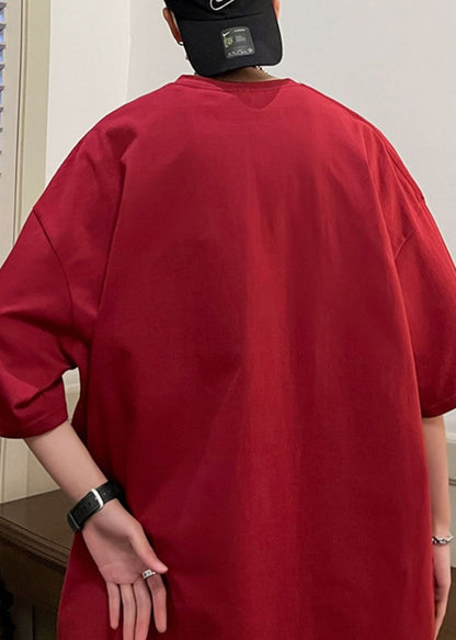 Cotton Mens Wine Red Print New Shirts Oversized Half T Sleeve