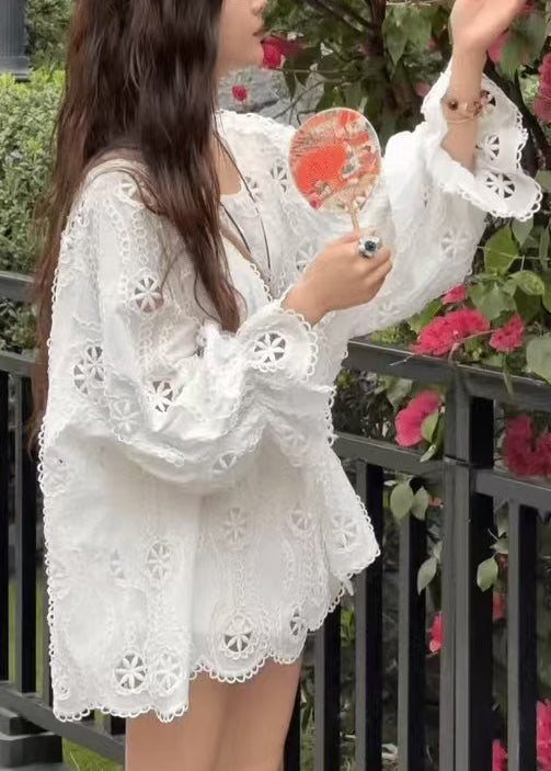 New Top Lace Sleeve O Neck Hollow Long Shirt Yellow Out