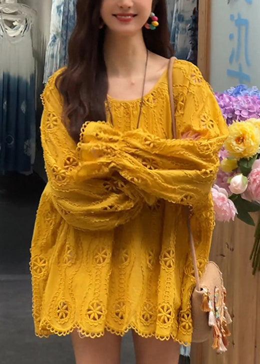 New Top Lace Sleeve O Neck Hollow Long Shirt Yellow Out