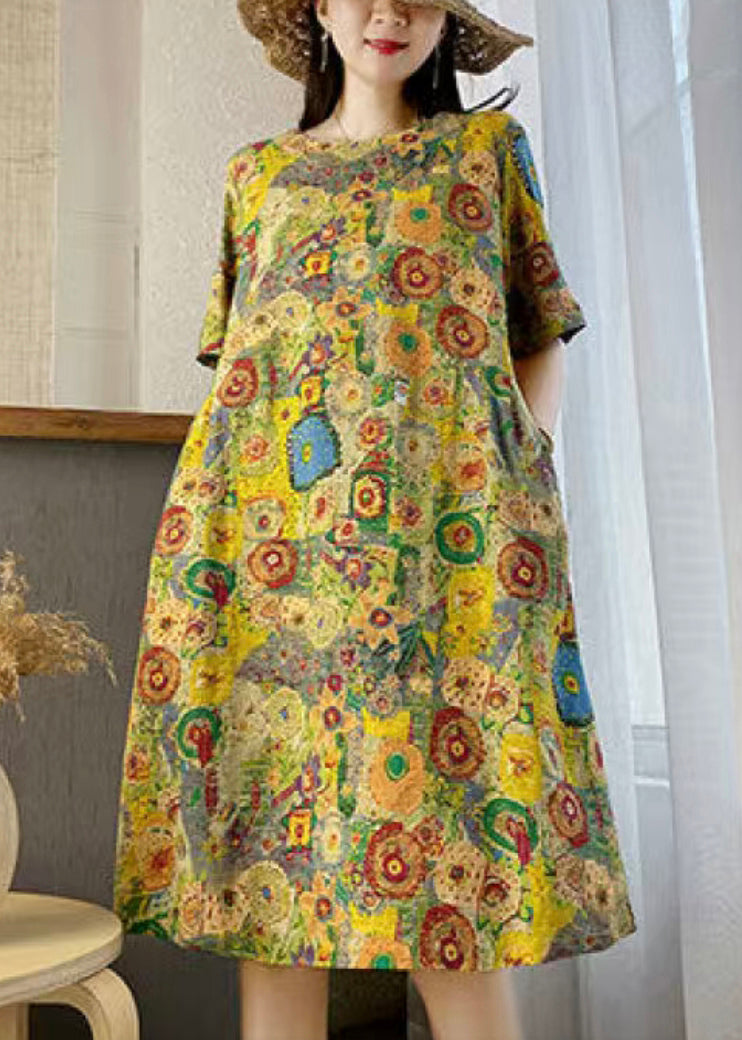 New Yellow O Neck Print Pockets Cotton Dresses Summer VV007