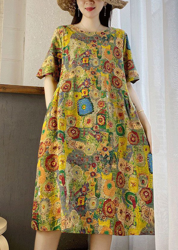 New Yellow O Neck Print Pockets Cotton Dresses Summer VV007