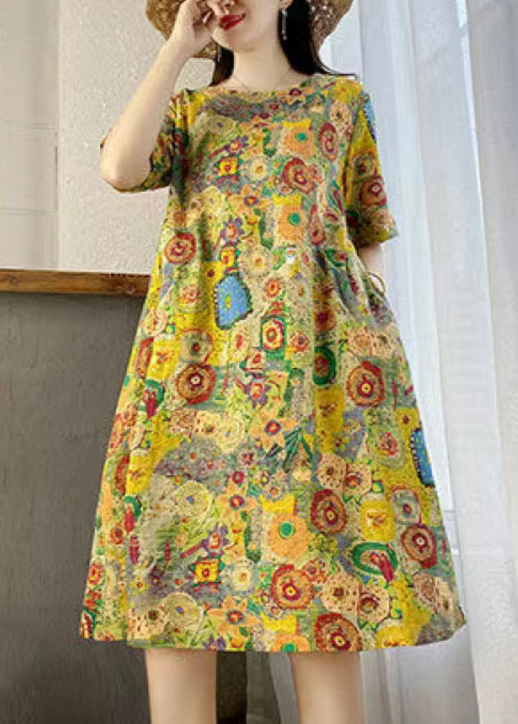 New Yellow O Neck Print Pockets Cotton Dresses Summer VV007