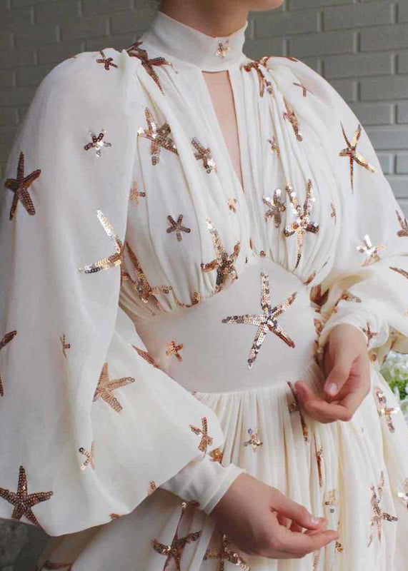 Novelty Beige Sequins Side Open Chiffon Long Dress Lantern Sleeve WW1037