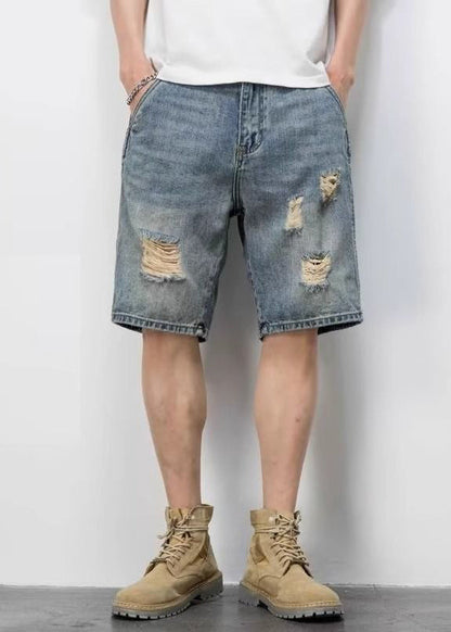Novelty Blue Hole Pockets High Waist Denim Mens Shorts Summer YL028