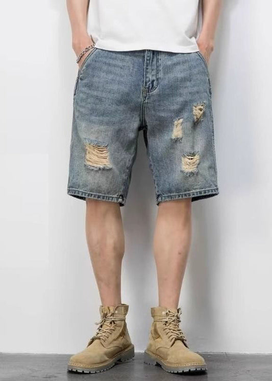 Novelty Blue Hole Pockets High Waist Denim Mens Shorts Summer YL028