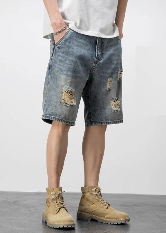Novelty Blue Hole Pockets High Waist Denim Mens Shorts Summer YL028