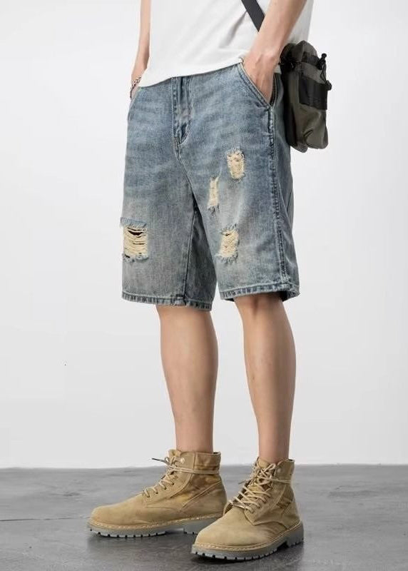 Novelty Blue Hole Pockets High Waist Denim Mens Shorts Summer YL028