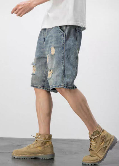 Novelty Blue Hole Pockets High Waist Denim Mens Shorts Summer YL028