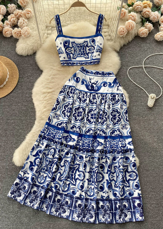 Ensemble deux pièces en coton taille haute à imprimé bleu fantaisie sans manches TR035