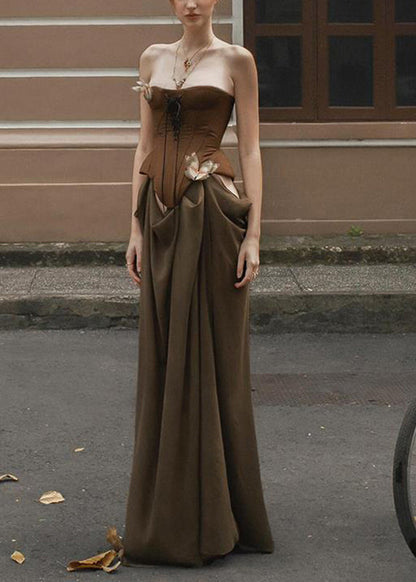 Cold Vacation Novelty Patchwork Shoulder Maxi Dresses Brown