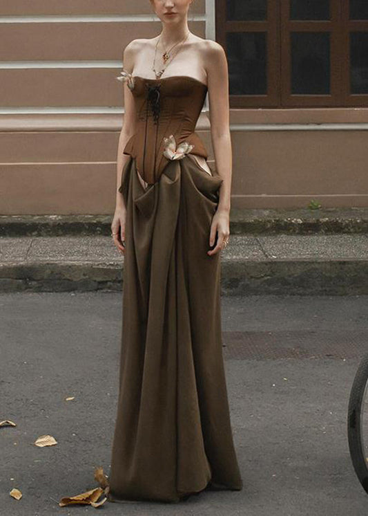 Cold Vacation Novelty Patchwork Shoulder Maxi Dresses Brown