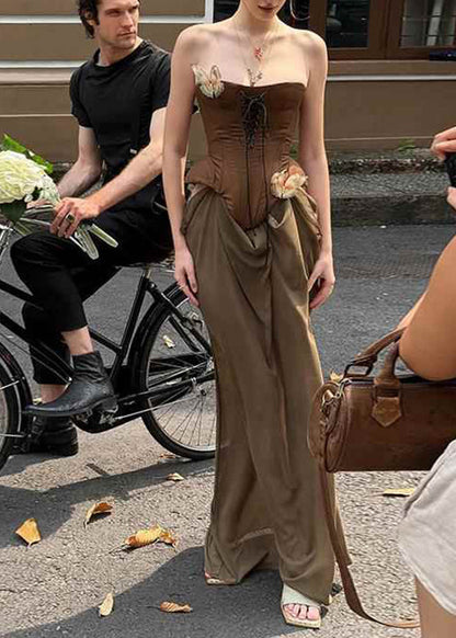 Cold Vacation Novelty Patchwork Shoulder Maxi Dresses Brown