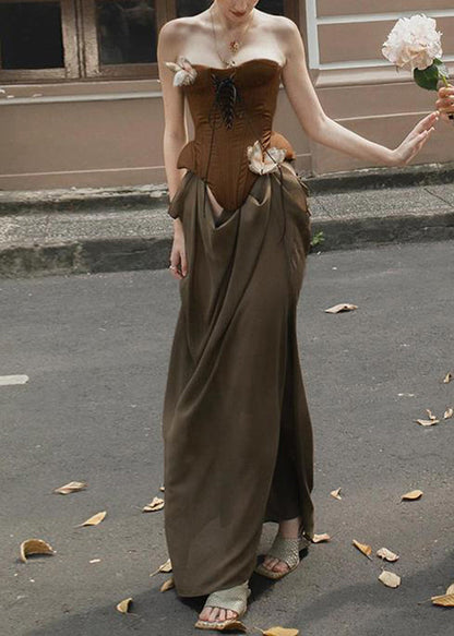 Cold Vacation Novelty Patchwork Shoulder Maxi Dresses Brown