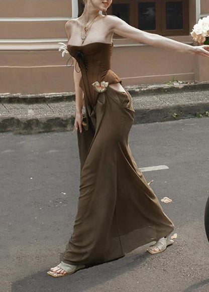 Cold Vacation Novelty Patchwork Shoulder Maxi Dresses Brown