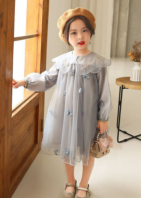 Novelty Grey Butterfly Embroideried Tulle Girls Long Dress Long Sleeve SS1064