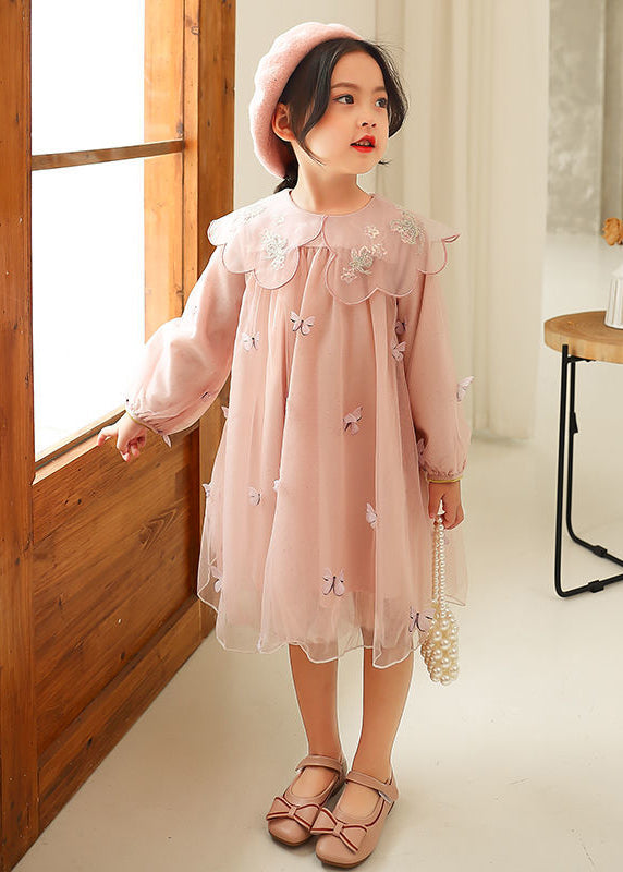 Novelty Grey Butterfly Embroideried Tulle Girls Long Dress Long Sleeve SS1064