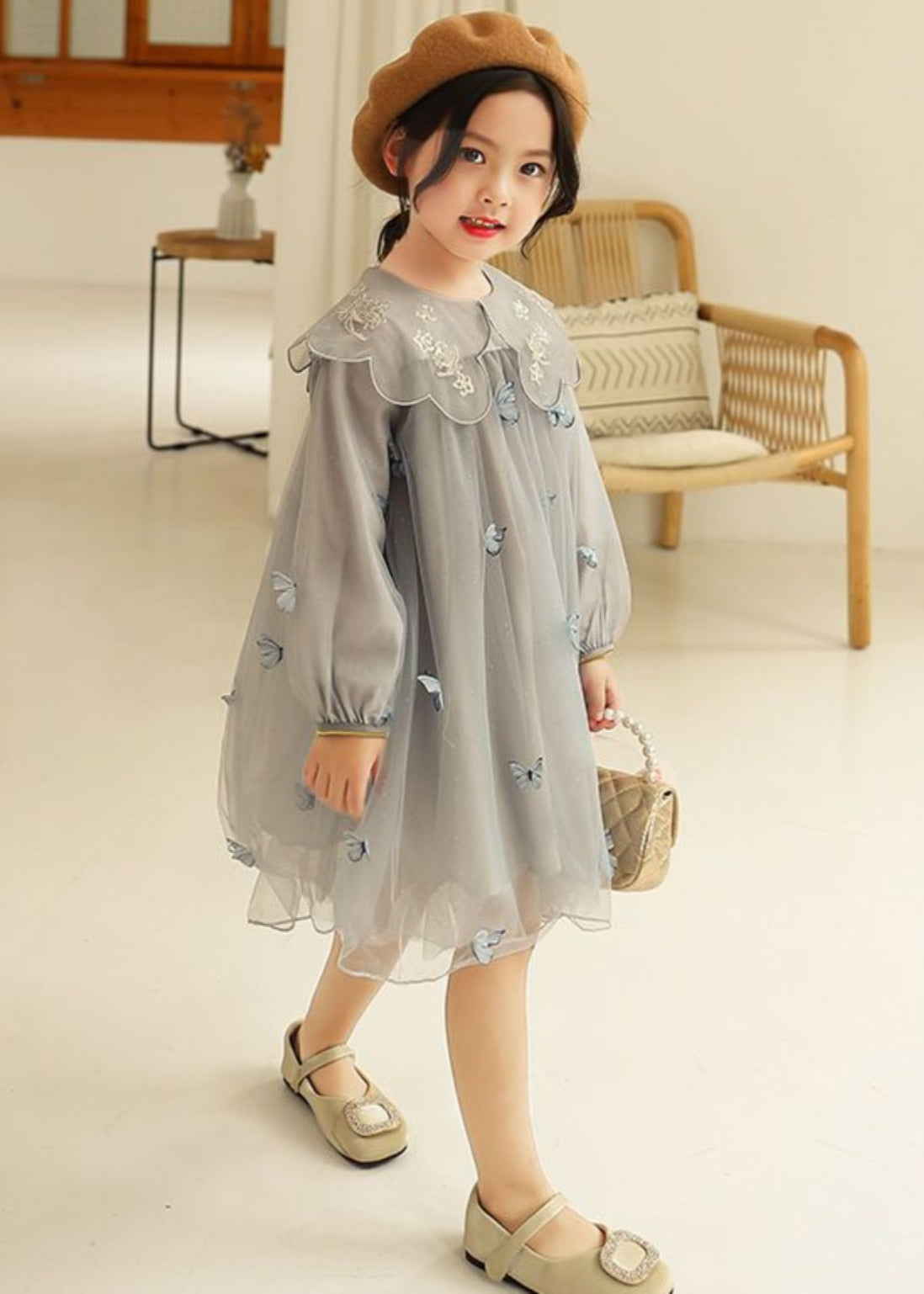 Novelty Grey Butterfly Embroideried Tulle Girls Long Dress Long Sleeve SS1064