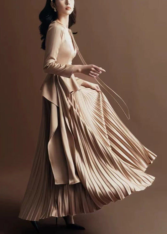 Lace Silk Khaki Novelty Up Dress Wrinkled Long Fall