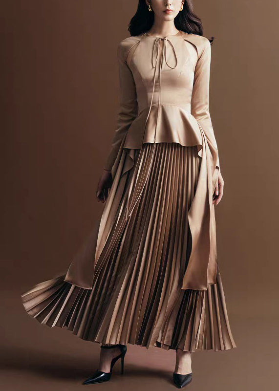 Lace Silk Khaki Novelty Up Dress Wrinkled Long Fall