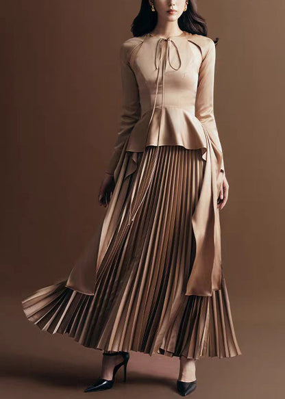 Lace Silk Khaki Novelty Up Dress Wrinkled Long Fall