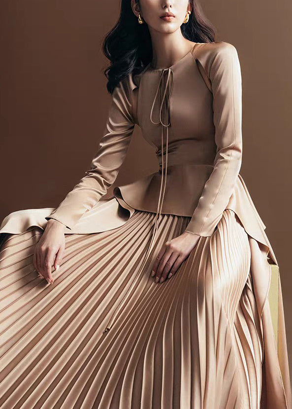 Lace Silk Khaki Novelty Up Dress Wrinkled Long Fall